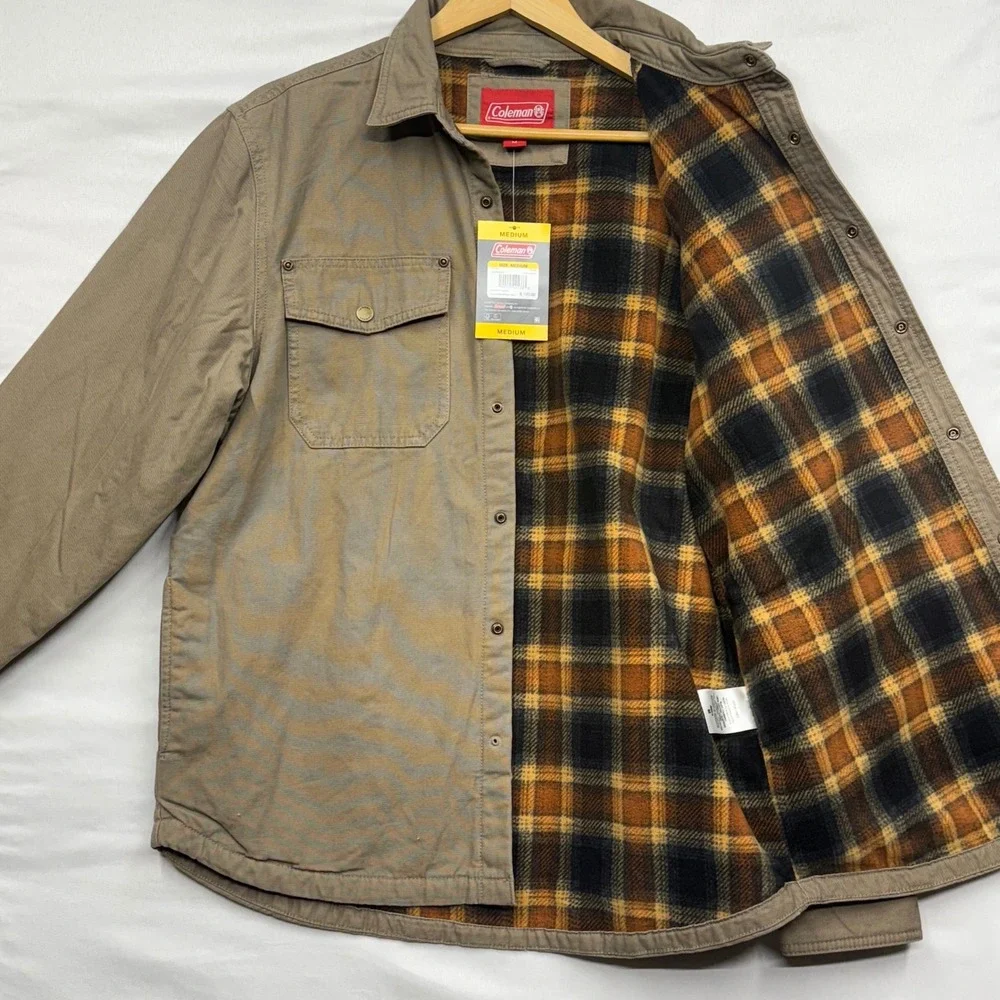 Coleman Mens Canvas Sherpa Lined Flannel Shirt Jacket Tan‎ Workwear Size M